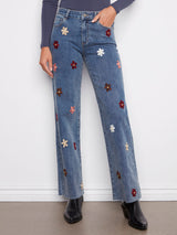 Wide Leg Jeans With Flower Patches