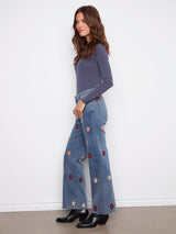 Wide Leg Jeans With Flower Patches
