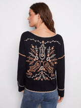 Embroidered Floral Back V Neck Sweater