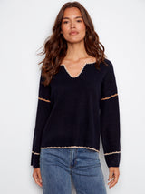 Embroidered Floral Back V Neck Sweater