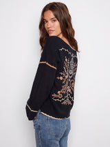 Embroidered Floral Back V Neck Sweater