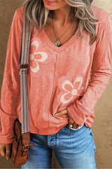 Floral Patchwork V Neck Long Sleeve T Shirt