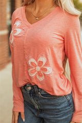 Floral Patchwork V Neck Long Sleeve T Shirt