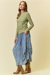 Chambray Side Tucked Midi Skirt