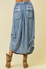 Chambray Side Tucked Midi Skirt