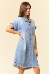Chambray Cap Sleeve Raw Edge Dress