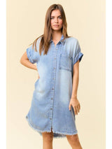 Chambray Cap Sleeve Raw Edge Dress