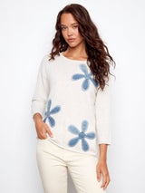 Denim Floral Patch Crew Neck Sweater