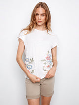 Cap Sleeve Cotton Floral Embroidery Top