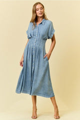 Pleated Waist Chambray Dress