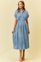 Pleated Waist Chambray Dress