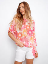 Floral Print Cotton Gauze Side Tie Blouse