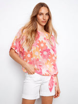Floral Print Cotton Gauze Side Tie Blouse