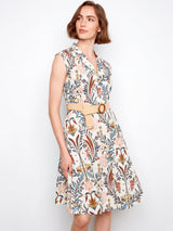 Floral Print Cap Sleeve Belted Linen Blend Dress