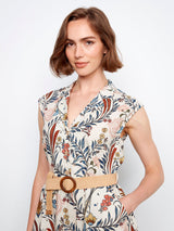 Floral Print Cap Sleeve Belted Linen Blend Dress