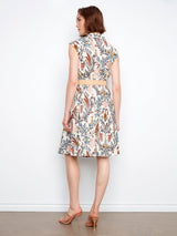 Floral Print Cap Sleeve Belted Linen Blend Dress