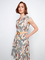 Floral Print Cap Sleeve Belted Linen Blend Dress