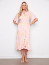 Print Flutter Sleeve Belted Faux Wrap Dress