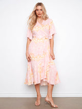 Print Flutter Sleeve Belted Faux Wrap Dress