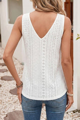 Sleeveless Lace Trim V Neck Eyelet Top