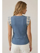 Plaid Puff Cap Sleeve Ribbed Tee