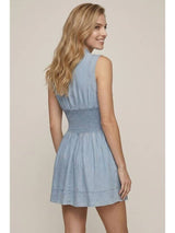 Chambray V-Neck Smocked Waist Zip-Front Mini Dress