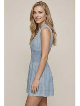 Chambray V-Neck Smocked Waist Zip-Front Mini Dress