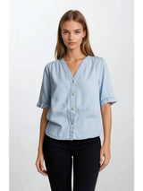 Chambray V Neck Ruffle Sleeve Top