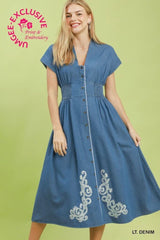 Embroidered Denim Midi Dress