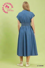 Embroidered Denim Midi Dress