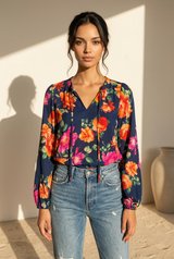 Floral Long Sleeve Tie Neck Blouse