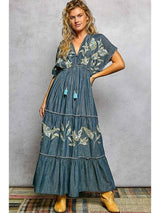 Embroidered Tassel Back V Neck Dress