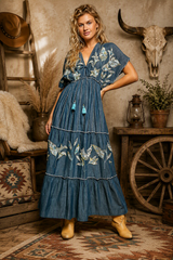 Embroidered Tassel Back V Neck Dress