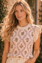 Floral Jacquard Ruffle Sleeve Knit