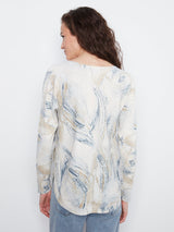 Feather Print Round Hem Pocket Sweater