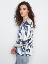 Abstract Floral V Neck Side Slit Sweater