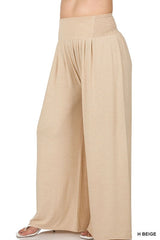 PLUS SMOCKED WAIST WIDE LEG PANTS