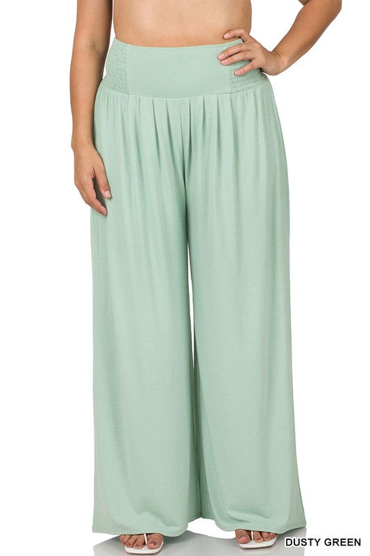 PLUS SMOCKED WAIST WIDE LEG PANTS