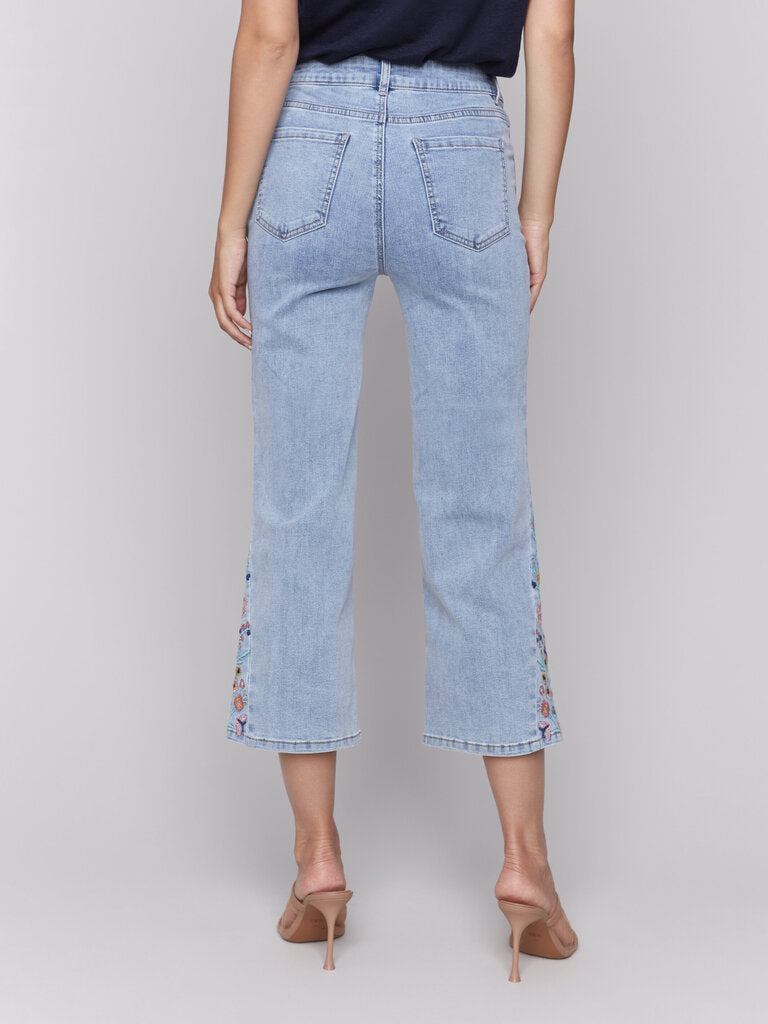 Side Cut Embroidered Flare Crop Jeans