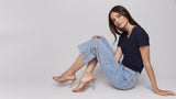 Side Cut Embroidered Flare Crop Jeans