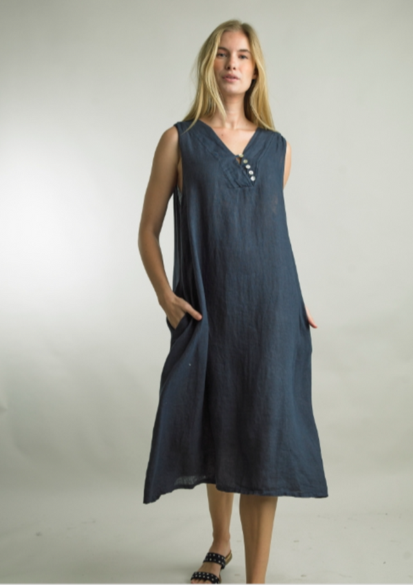 Sleeveless Linen Dress with Asymmetrical Buttons
