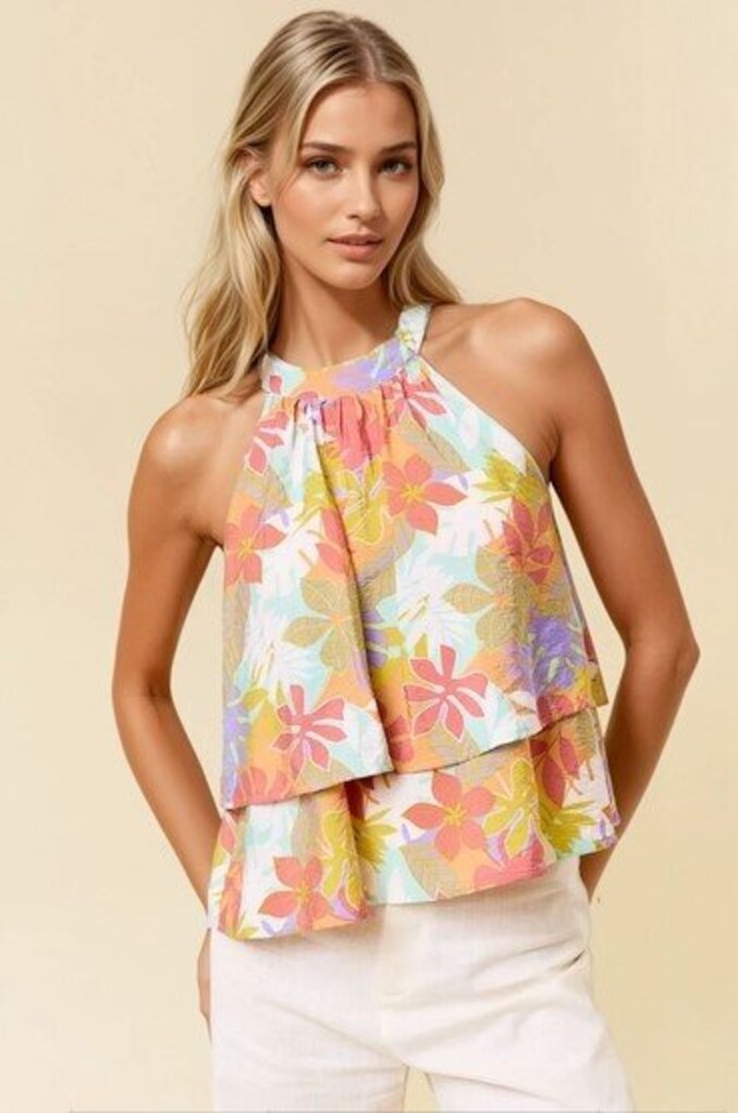 Tropical Print Layered Halter Top