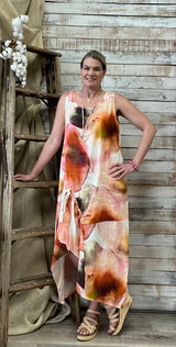 Watercolor Sleeveless Dress with Drawstring Accent