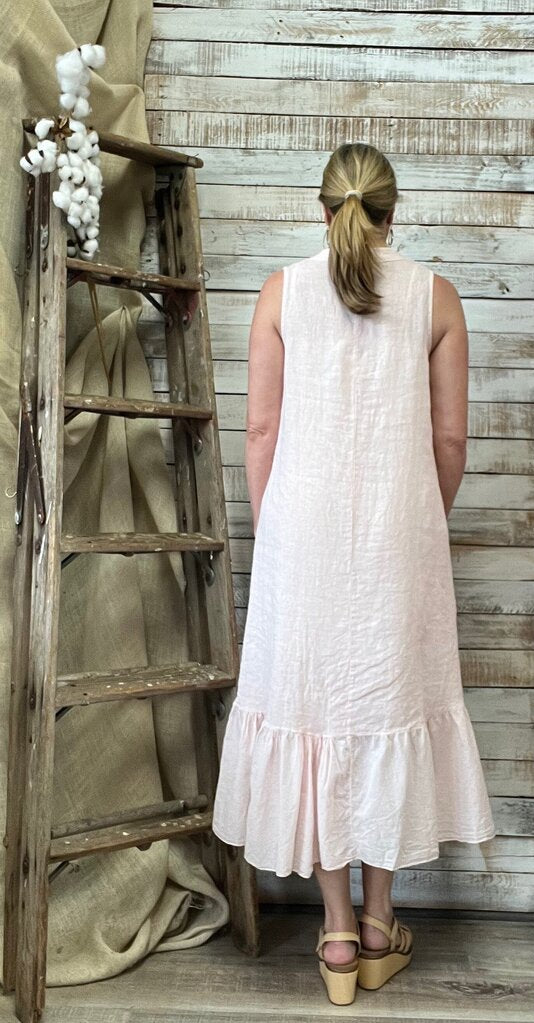 Hi Lo Ruffle Trim Sleeveless Linen Dress