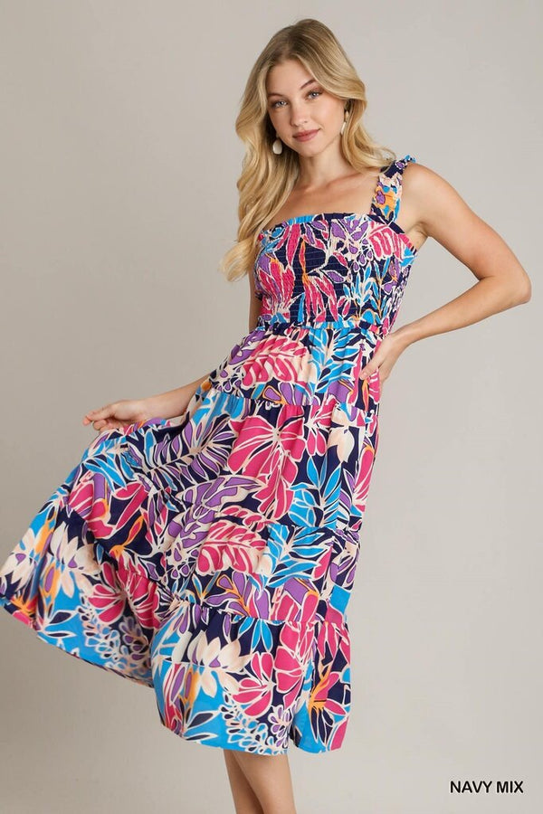 Smocked Bodice Floral Print Dress