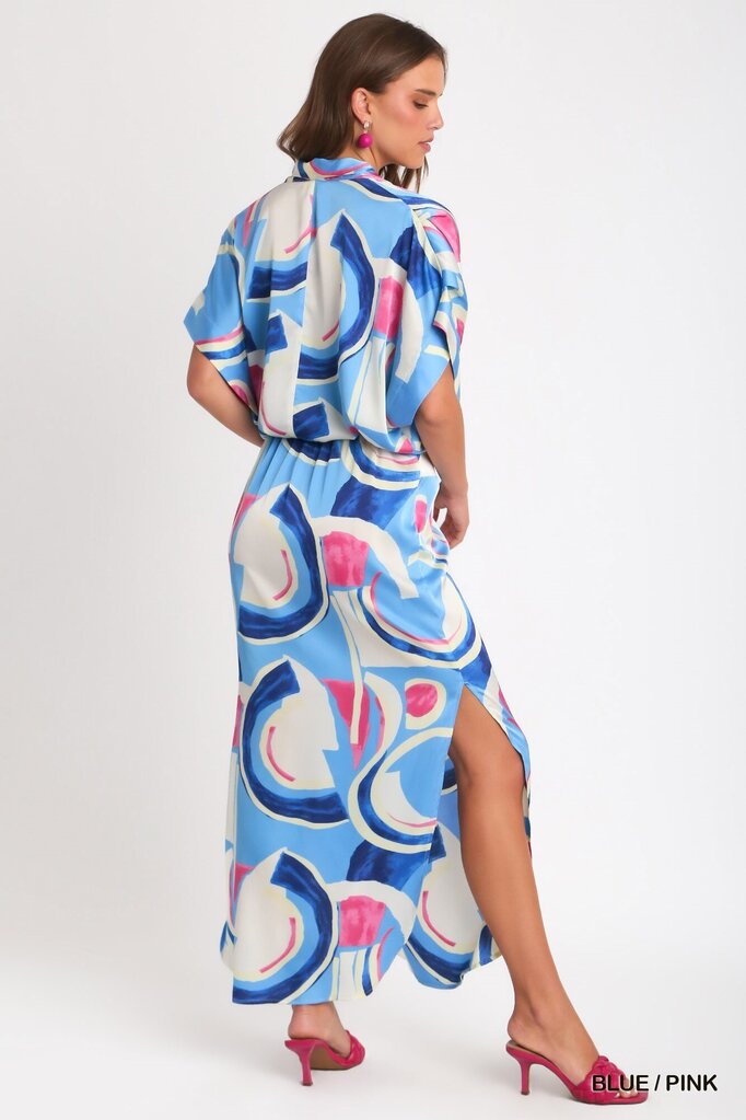 Satin Abstract Print Overlap Midi Dress with Side Slits