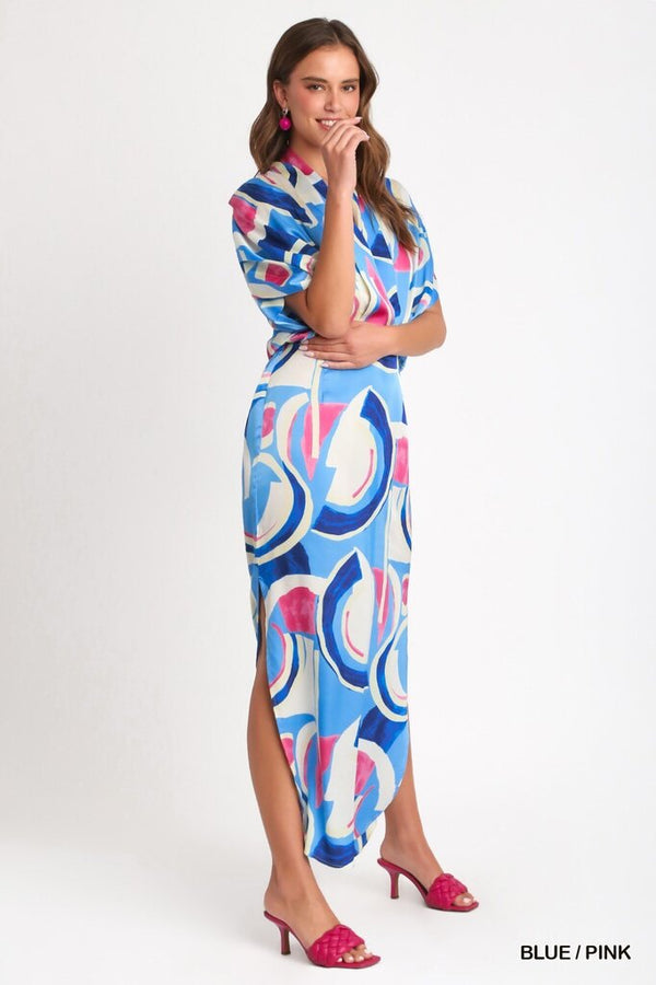 Satin Abstract Print Overlap Midi Dress with Side Slits