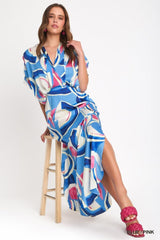 Satin Abstract Print Overlap Midi Dress with Side Slits