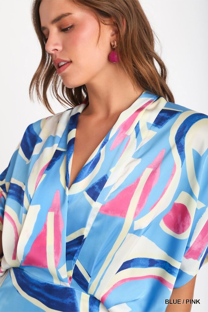 Satin Abstract Print Overlap Midi Dress with Side Slits