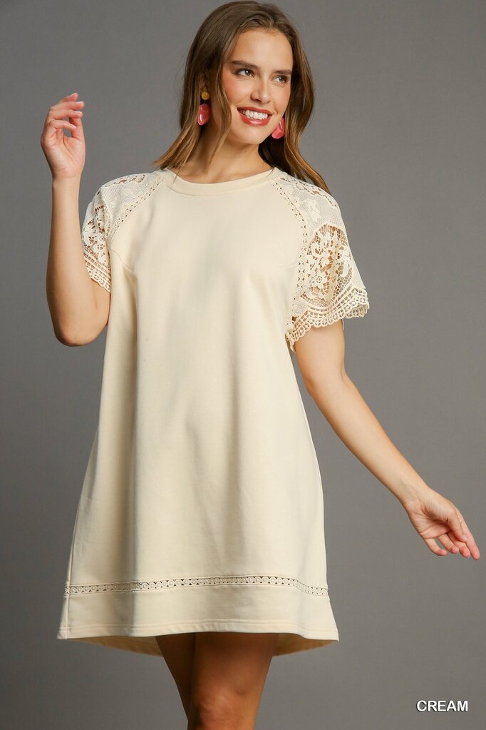 Lace Shoulder French Terry Mini Dress